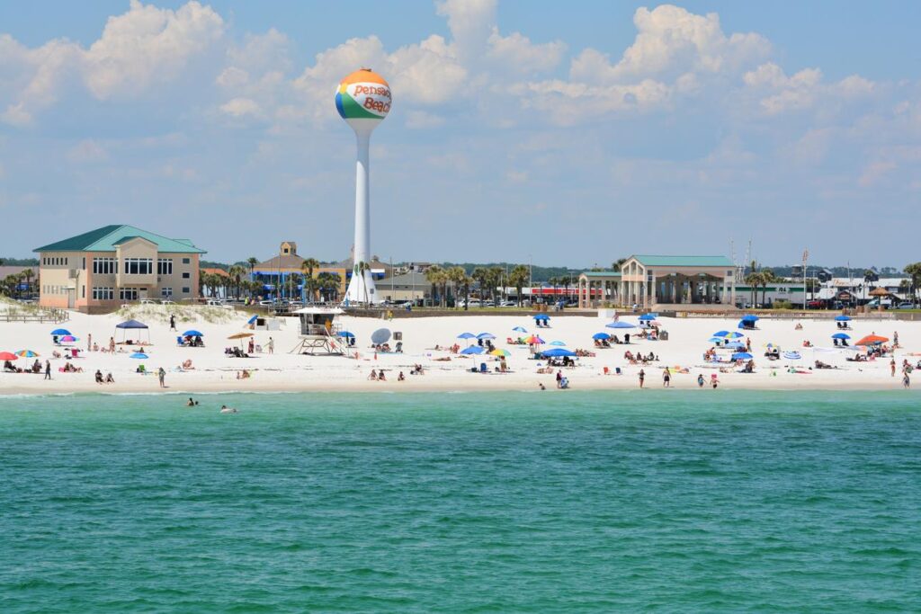 Beachgoers at Pensacola Beach in Escambia County, FL.